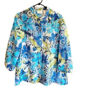 Alfred Dunner Blue Green Floral Button Up Blouse Size 16